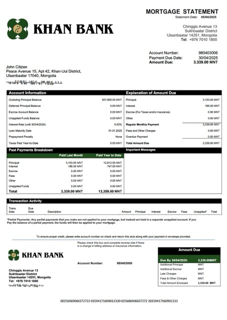 Download Mongolia Khan Bank mortgage statement Word and PDF template Photoshop template